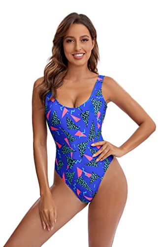 MIAIULIA Women's Retro 80s/90s Inspired High Cut Low Back Padding One Piece Swimwear Bathing Suits 90s Pattern RoyalBlue S