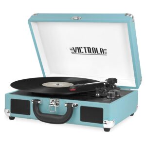 victrola vintage 3-speed bluetooth portable suitcase record player with built-in speakers | upgraded turntable audio sound|aqua turquoise, model number: vsc-550bt-tu