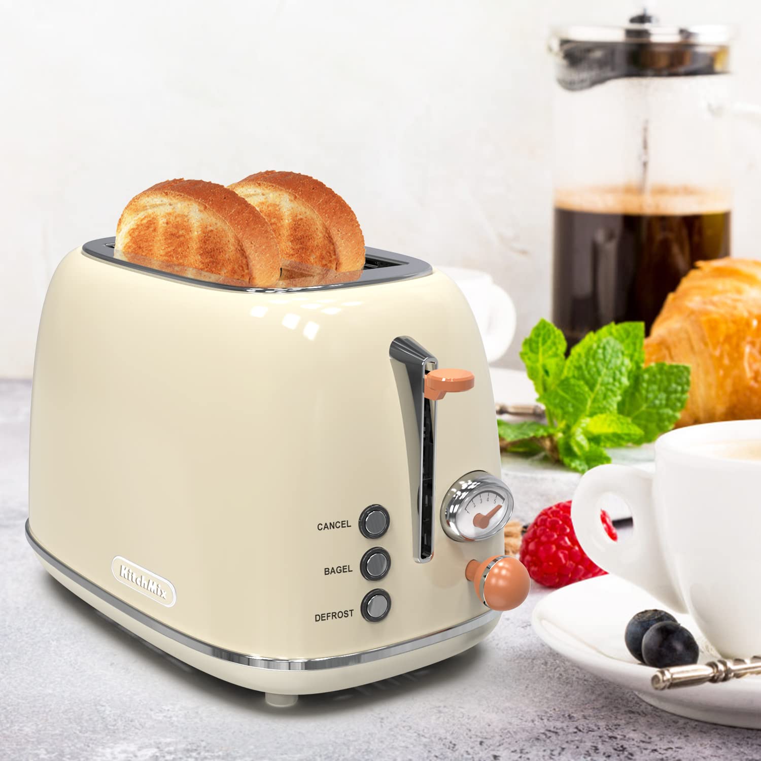 Toaster 2 slice, KitchMix Retro Stainless Steel Toaster with 6 Settings, 1.5 In Extra Wide Slots, Bagel/Defrost/Cancel Function, Removable Crumb Tray (Cream)