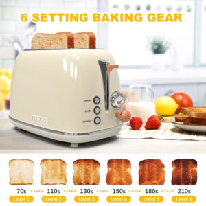 Toaster 2 slice, KitchMix Retro Stainless Steel Toaster with 6 Settings, 1.5 In Extra Wide Slots, Bagel/Defrost/Cancel Function, Removable Crumb Tray (Cream)