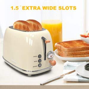 Toaster 2 slice, KitchMix Retro Stainless Steel Toaster with 6 Settings, 1.5 In Extra Wide Slots, Bagel/Defrost/Cancel Function, Removable Crumb Tray (Cream)