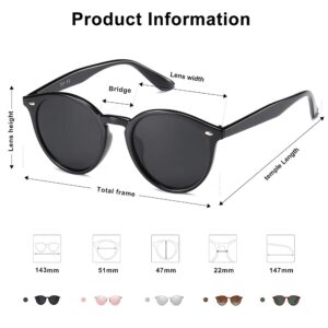 SOJOS Retro Round Polarized Sunglasses for Women Men Classic Vintage Sunnies SJ2069, Black/Grey