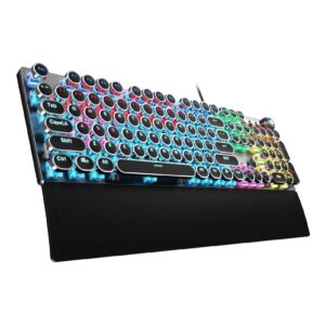 aula f2088 typewriter style mechanical gaming keyboard blue switches,rainbow led backlit,removable wrist rest,media control knob,retro punk round keycaps,usb wired computer keyboard