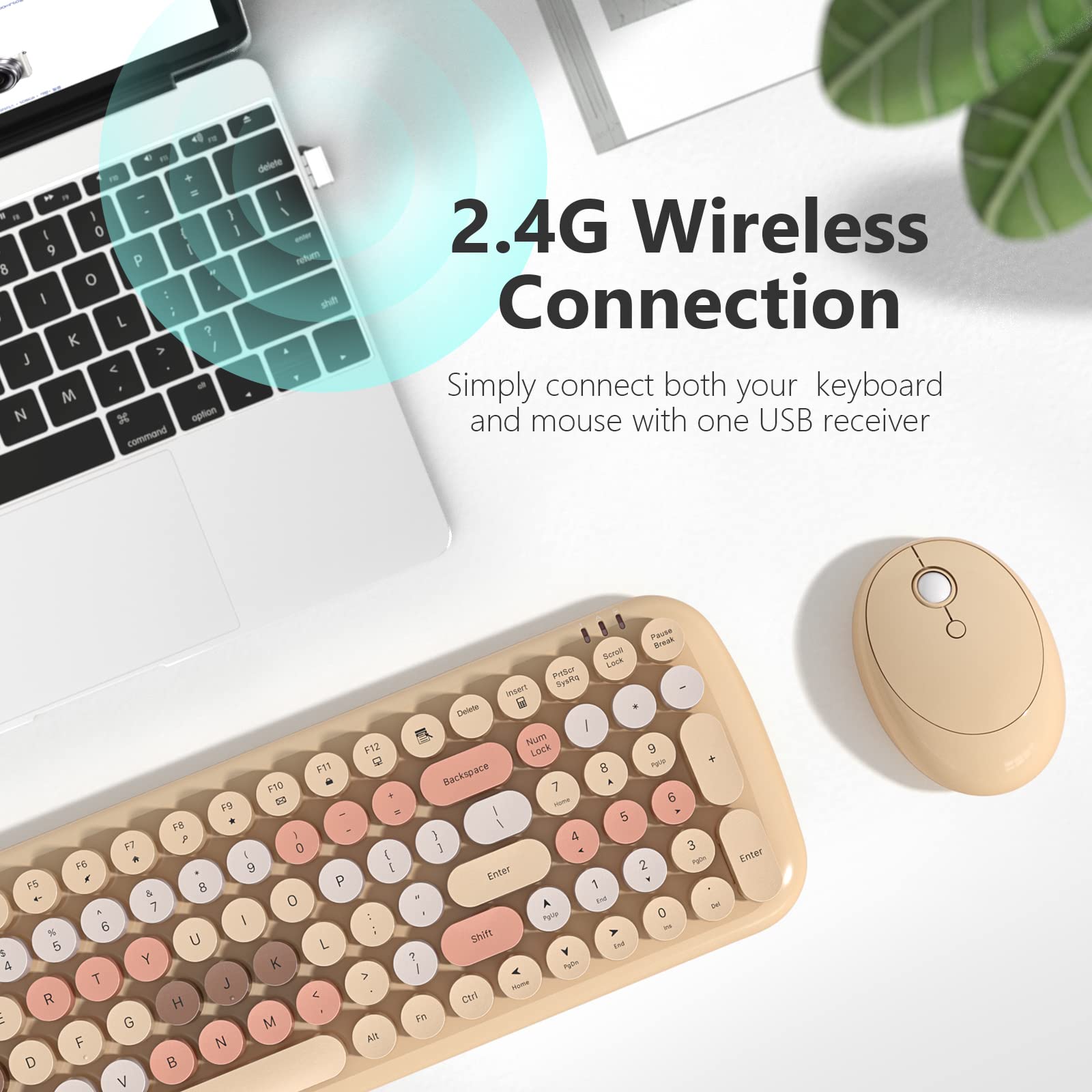 MOFII Wireless Keyboard and Mouse Combo, 2.4G Retro Typewriter Wireless Keyboard with Number Pad and Optical Ambidextrous Wireless Mouse for PC/Computer/Laptop/Desktop/Mac (Milk Tea Colorful)