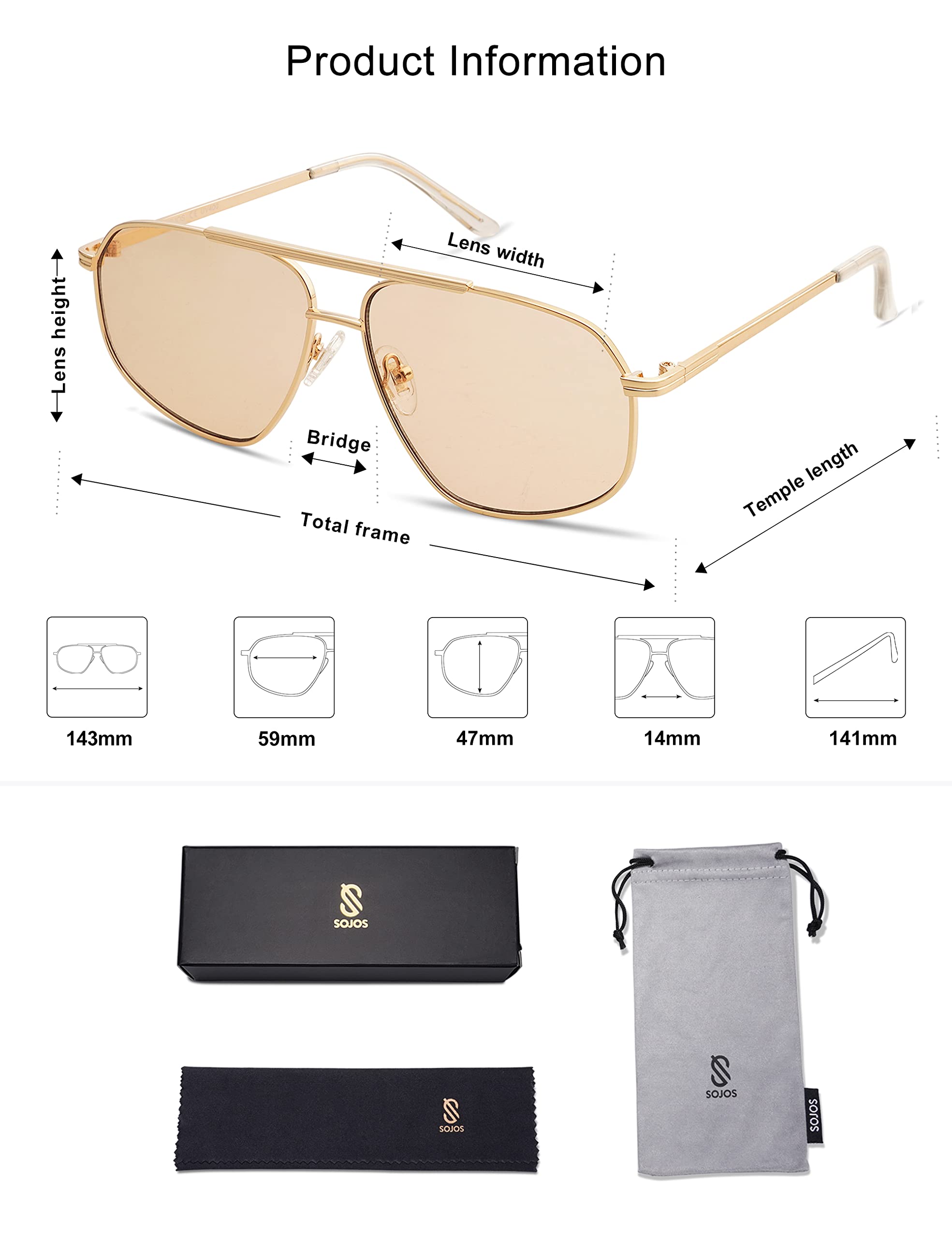 SOJOS Classic Retro Aviator Sunglasses for Women Men Vintage Hexagonal Metal Frame UV400 Lenses SJ1200, Gold/Light Brown