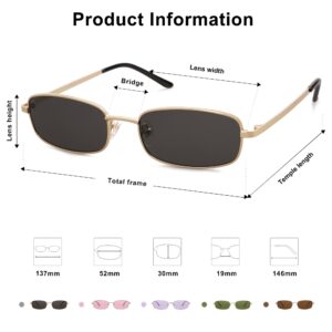 SOJOS Small Y2k Narrow Rectangle Sunglasses Womens Mens Retro 80s 90s UV400 Sunnies SJ1187, Gold/Grey