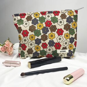 GUTGNK Women's Cosmetic Bag, Corduroy Cosmetic Bag Retro Flowers Travel Cosmetic Bag Small Cosmetic Bag Skin Care Cosmetic Change and Wash Handy Bag Zipper Organizer