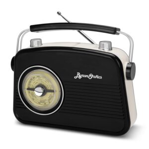 byronstatics black am fm radio - small portable radios vintage/retro with headphone jack, large analog rotary tuning dial - power plug or 4 x 1.5v aa battery