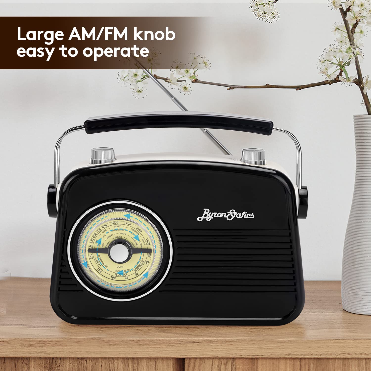 ByronStatics Black AM FM Radio - Small Portable Radios Vintage/Retro with Headphone Jack, Large Analog Rotary Tuning Dial - Power Plug or 4 x 1.5V AA Battery