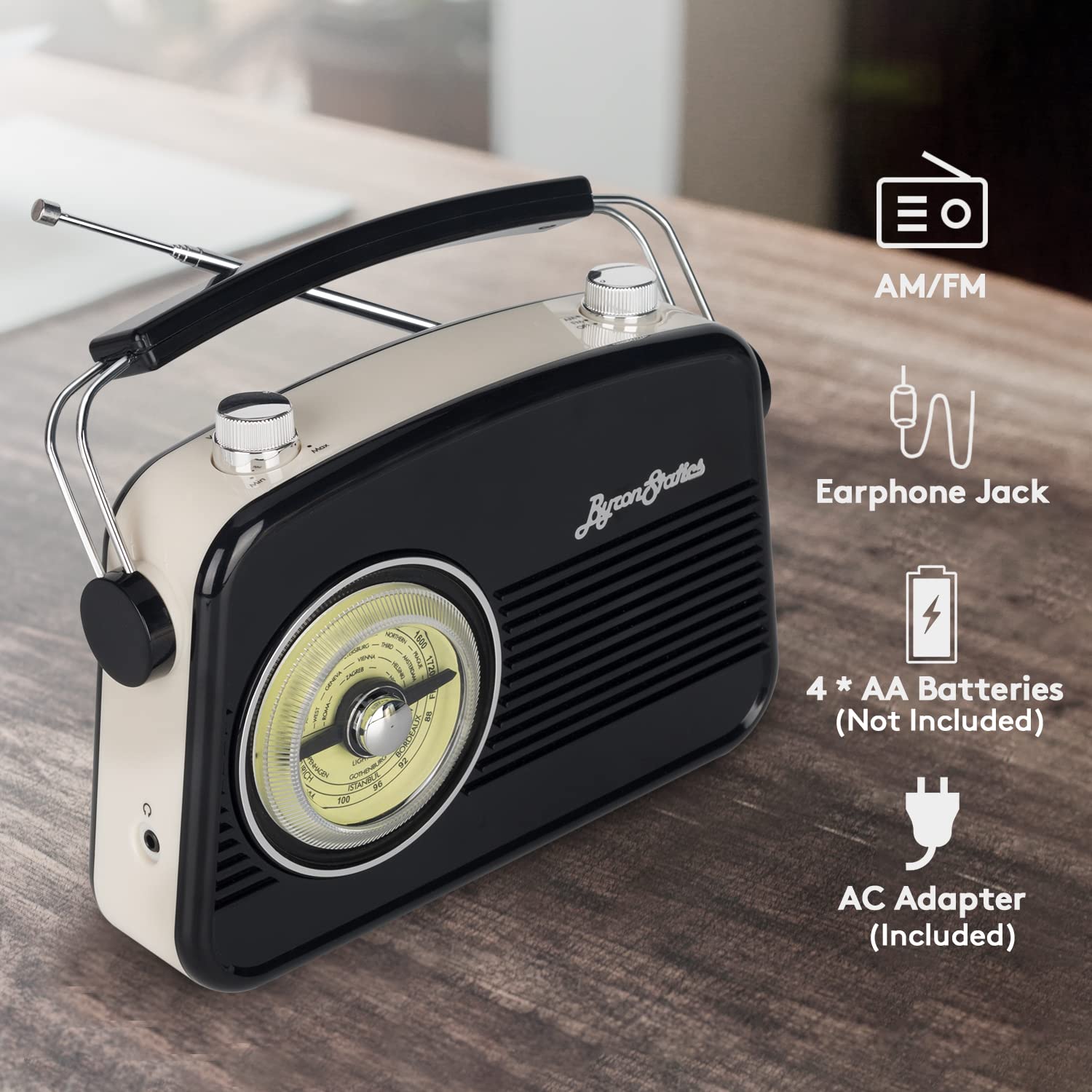 ByronStatics Black AM FM Radio - Small Portable Radios Vintage/Retro with Headphone Jack, Large Analog Rotary Tuning Dial - Power Plug or 4 x 1.5V AA Battery