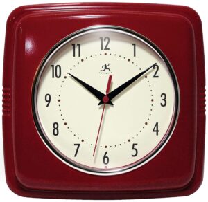 infinity instruments square silent retro 9 inch mid century modern kitchen diner retro wall clock quartz sweep movement (red)