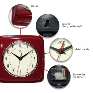 Infinity Instruments Square Silent Retro 9 inch Mid Century Modern Kitchen Diner Retro Wall Clock Quartz Sweep Movement (Red)