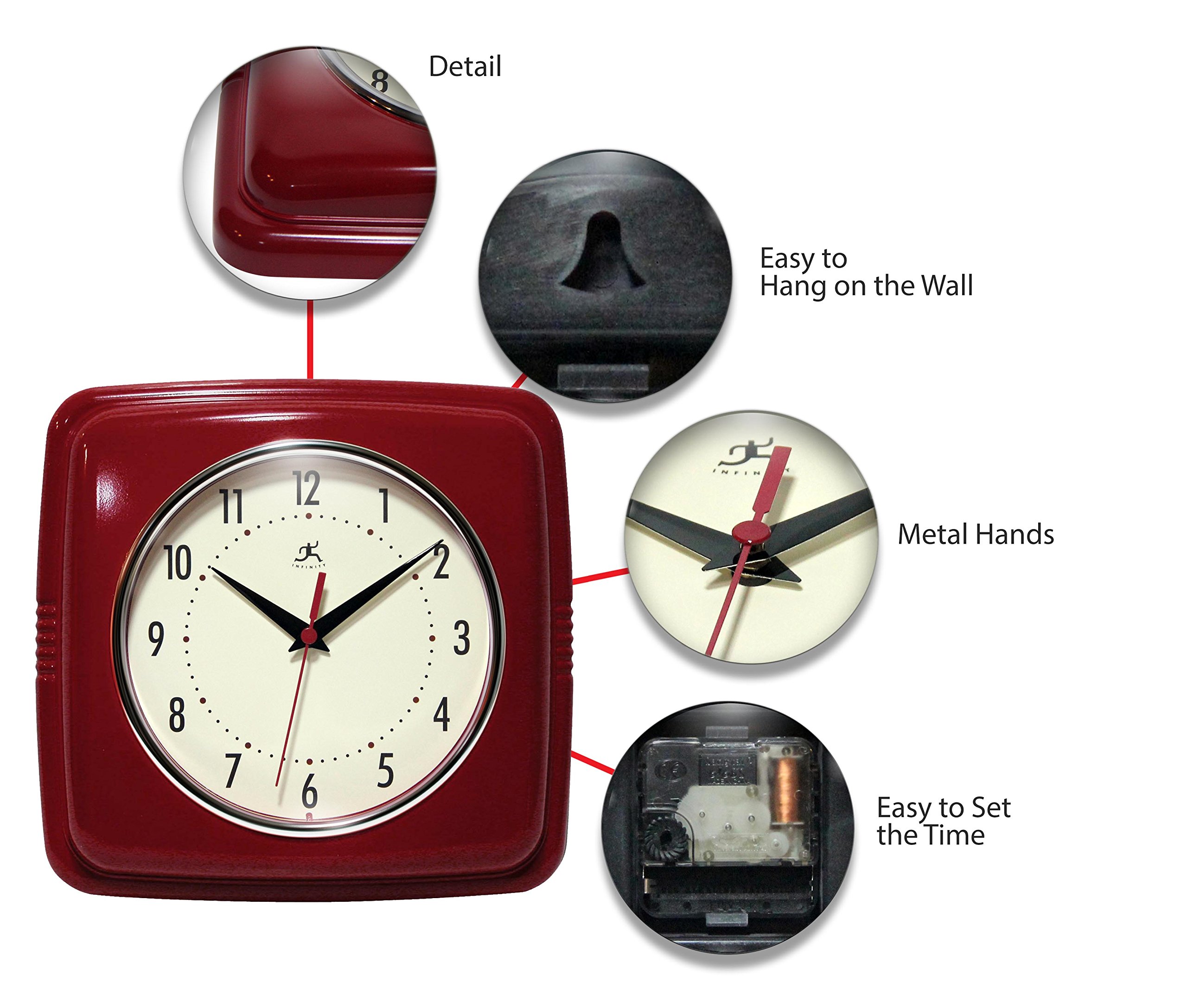 Infinity Instruments Square Silent Retro 9 inch Mid Century Modern Kitchen Diner Retro Wall Clock Quartz Sweep Movement (Red)