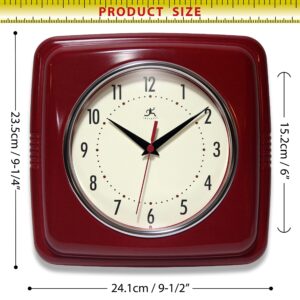 Infinity Instruments Square Silent Retro 9 inch Mid Century Modern Kitchen Diner Retro Wall Clock Quartz Sweep Movement (Red)