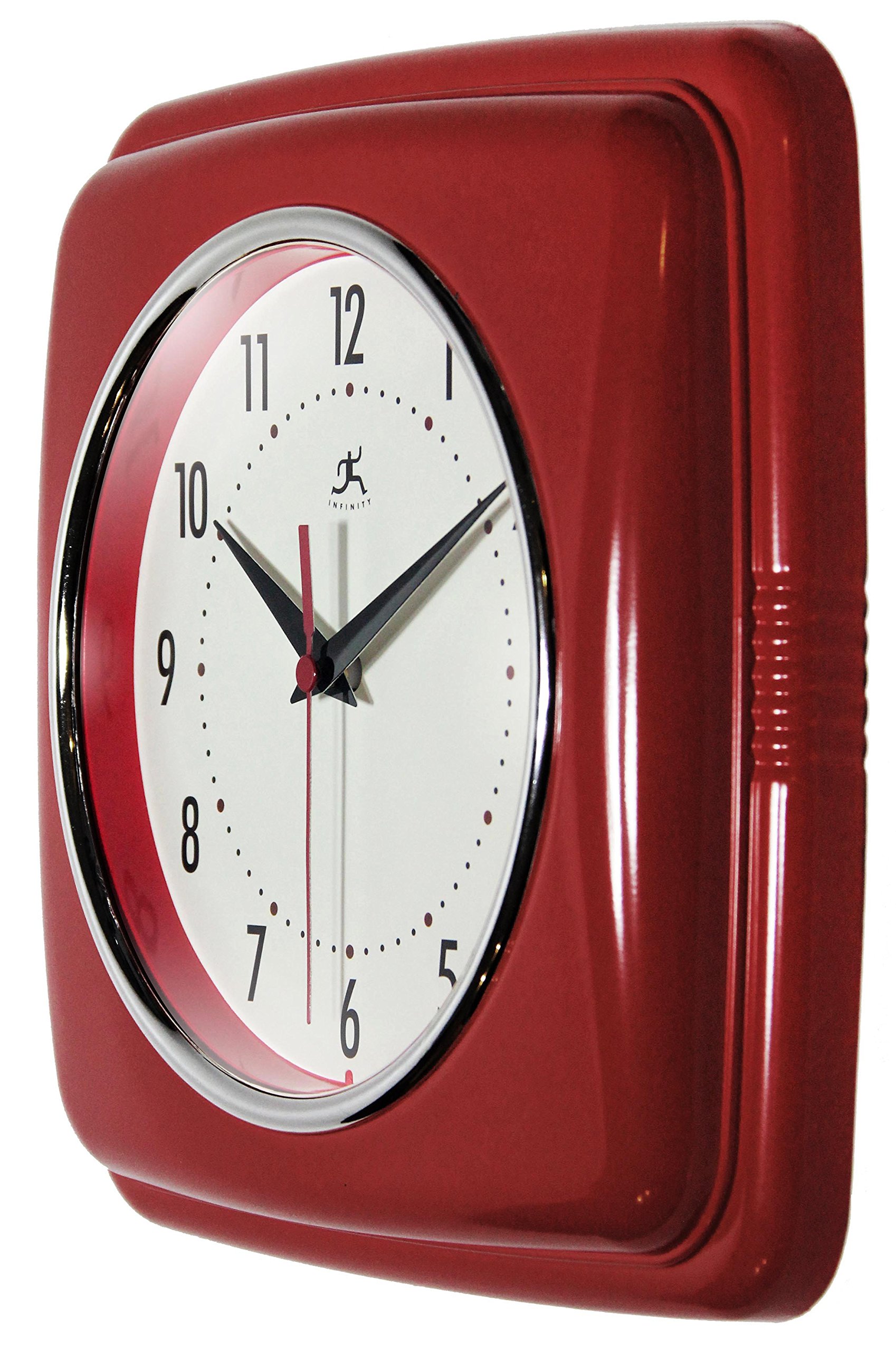 Infinity Instruments Square Silent Retro 9 inch Mid Century Modern Kitchen Diner Retro Wall Clock Quartz Sweep Movement (Red)