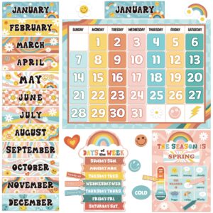 Updated 62Pcs Retro Bulletin Board Borders Classroom Decorations Calendar Season Weather Week Chart Educational Posters Retro Classroom Decor Theme Sets for Kindergarten Home School Classroom Supplies