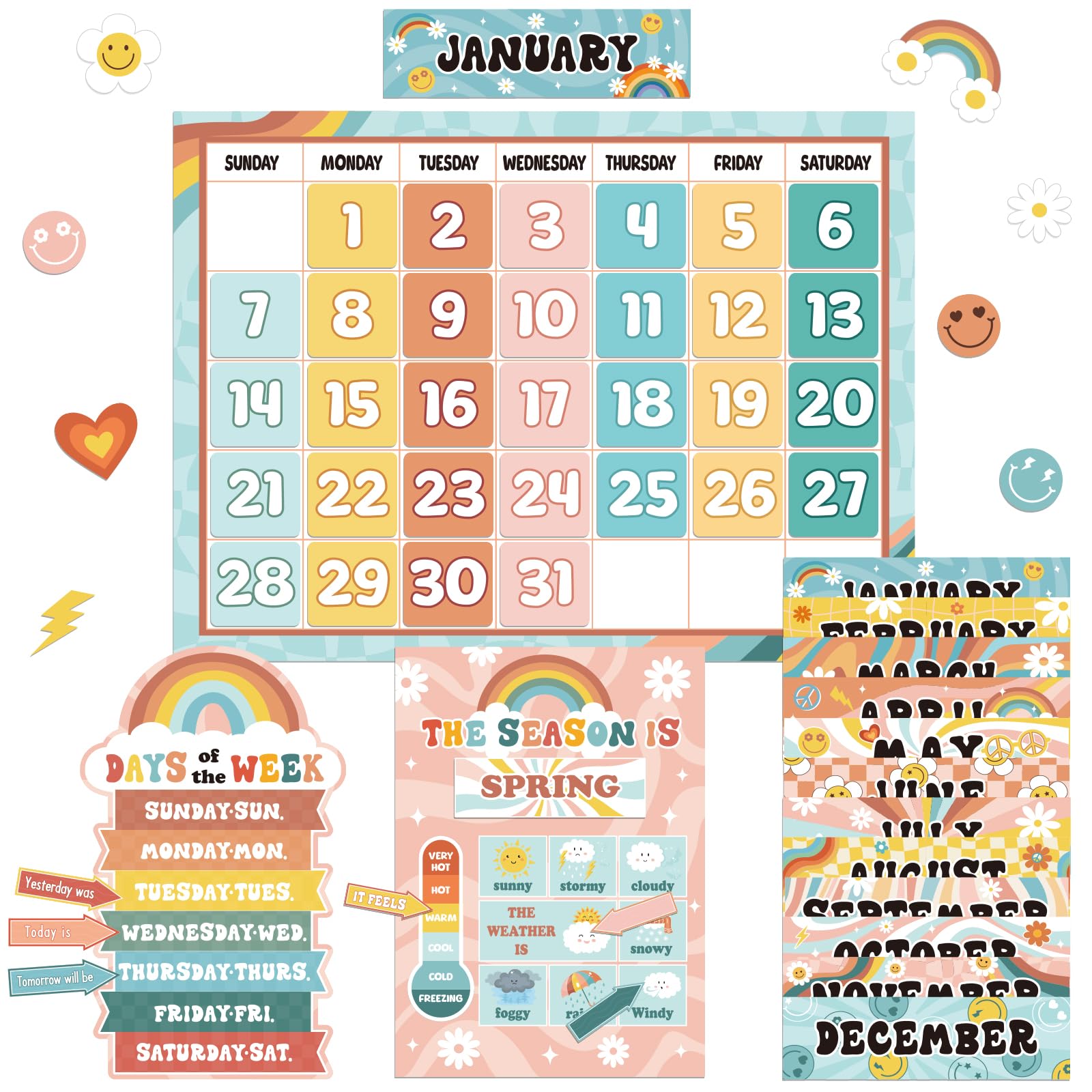 Updated 62Pcs Retro Bulletin Board Borders Classroom Decorations Calendar Season Weather Week Chart Educational Posters Retro Classroom Decor Theme Sets for Kindergarten Home School Classroom Supplies