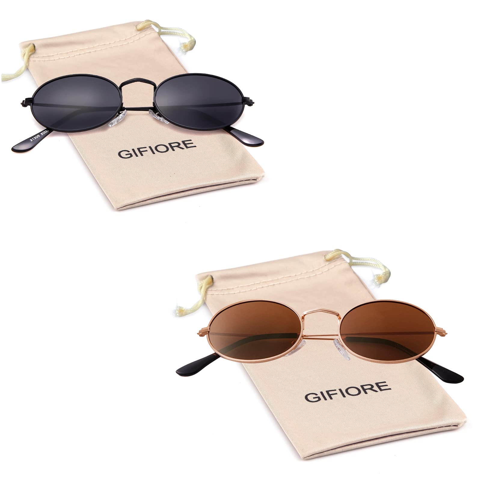 GIFIORE Oval Sunglasses Vintage Retro 90s Sunglasses Trendy Designer Glasses for Women Men (2 Pack: Black+Brown)