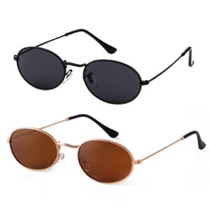 GIFIORE Oval Sunglasses Vintage Retro 90s Sunglasses Trendy Designer Glasses for Women Men (2 Pack: Black+Brown)