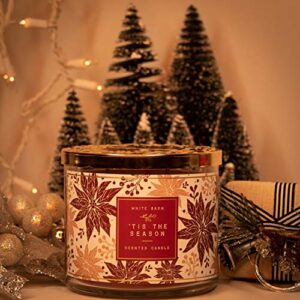 White Barn 3-Wick Candle w/Essential Oils - 14.5 oz - 2020 Holidays Scents! (‘Tis The Season),Burgundy Soy Wax,White and Burgundy Leaf Jar Print,Gold Lid,Transparent Glass