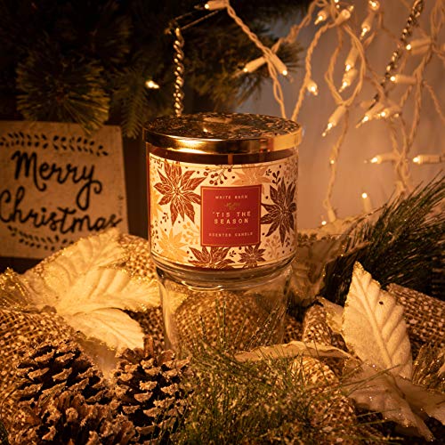 White Barn 3-Wick Candle w/Essential Oils - 14.5 oz - 2020 Holidays Scents! (‘Tis The Season),Burgundy Soy Wax,White and Burgundy Leaf Jar Print,Gold Lid,Transparent Glass