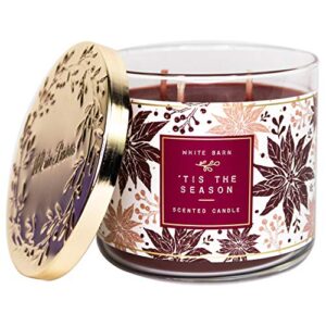 White Barn 3-Wick Candle w/Essential Oils - 14.5 oz - 2020 Holidays Scents! (‘Tis The Season),Burgundy Soy Wax,White and Burgundy Leaf Jar Print,Gold Lid,Transparent Glass