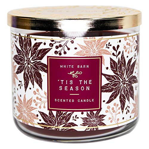 White Barn 3-Wick Candle w/Essential Oils - 14.5 oz - 2020 Holidays Scents! (‘Tis The Season),Burgundy Soy Wax,White and Burgundy Leaf Jar Print,Gold Lid,Transparent Glass