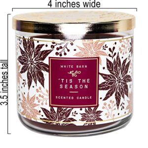 White Barn 3-Wick Candle w/Essential Oils - 14.5 oz - 2020 Holidays Scents! (‘Tis The Season),Burgundy Soy Wax,White and Burgundy Leaf Jar Print,Gold Lid,Transparent Glass