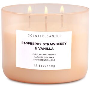 raspberry strawberry vanilla scented candles for home | natural 3 wick soy candle | calming aromatherapy candle gift for women and men | 15.8 oz large relaxing candle highly scented