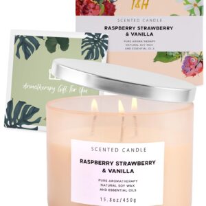 Raspberry Strawberry Vanilla Scented Candles for Home | Natural 3 Wick Soy Candle | Calming Aromatherapy Candle Gift for Women and Men | 15.8 Oz Large Relaxing Candle Highly Scented