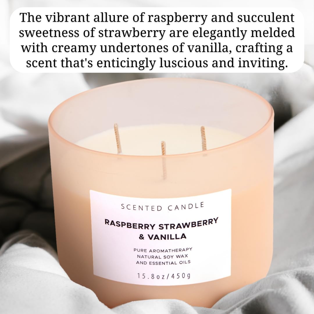 Raspberry Strawberry Vanilla Scented Candles for Home | Natural 3 Wick Soy Candle | Calming Aromatherapy Candle Gift for Women and Men | 15.8 Oz Large Relaxing Candle Highly Scented