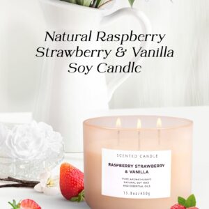 Raspberry Strawberry Vanilla Scented Candles for Home | Natural 3 Wick Soy Candle | Calming Aromatherapy Candle Gift for Women and Men | 15.8 Oz Large Relaxing Candle Highly Scented