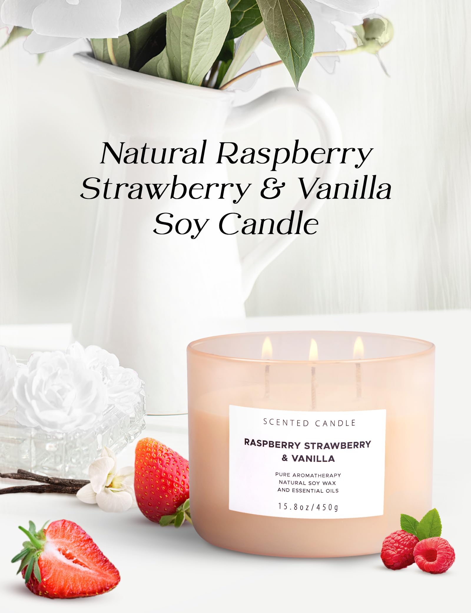 Raspberry Strawberry Vanilla Scented Candles for Home | Natural 3 Wick Soy Candle | Calming Aromatherapy Candle Gift for Women and Men | 15.8 Oz Large Relaxing Candle Highly Scented