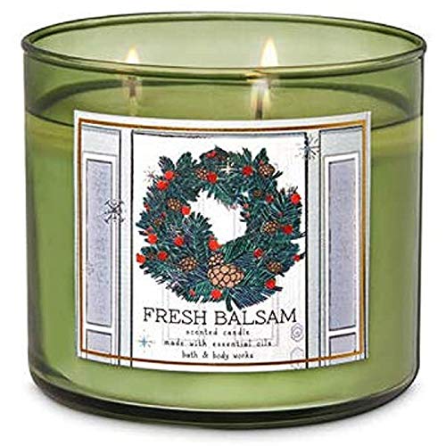 White Barn Bath and Body Works Fresh Balsam 3 Wick Candle Dark Green Glass with Wreath Design Label Winter 2019 Collection