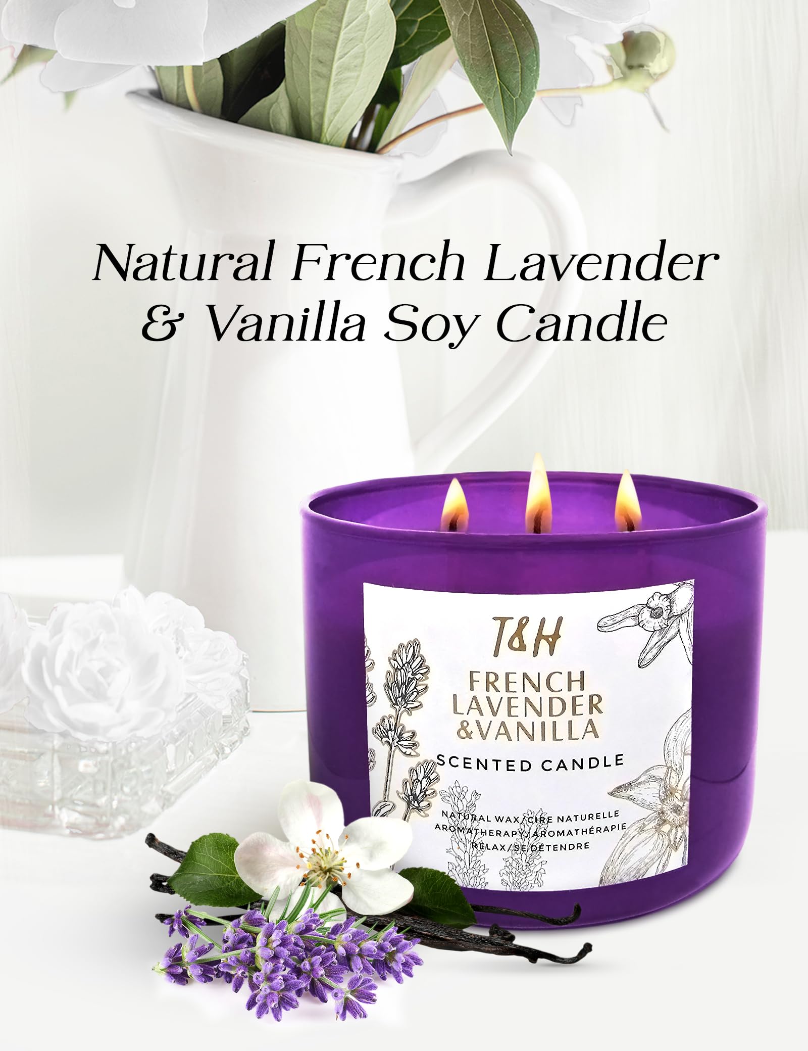 Lavender Vanilla Aromatherapy Candle 3-Wick | Scented Candle for Home | 15.8 oz Large Soy Candle | Relaxing Candle with Long Lasting Fragrance | Decorative Candle Gift for Women