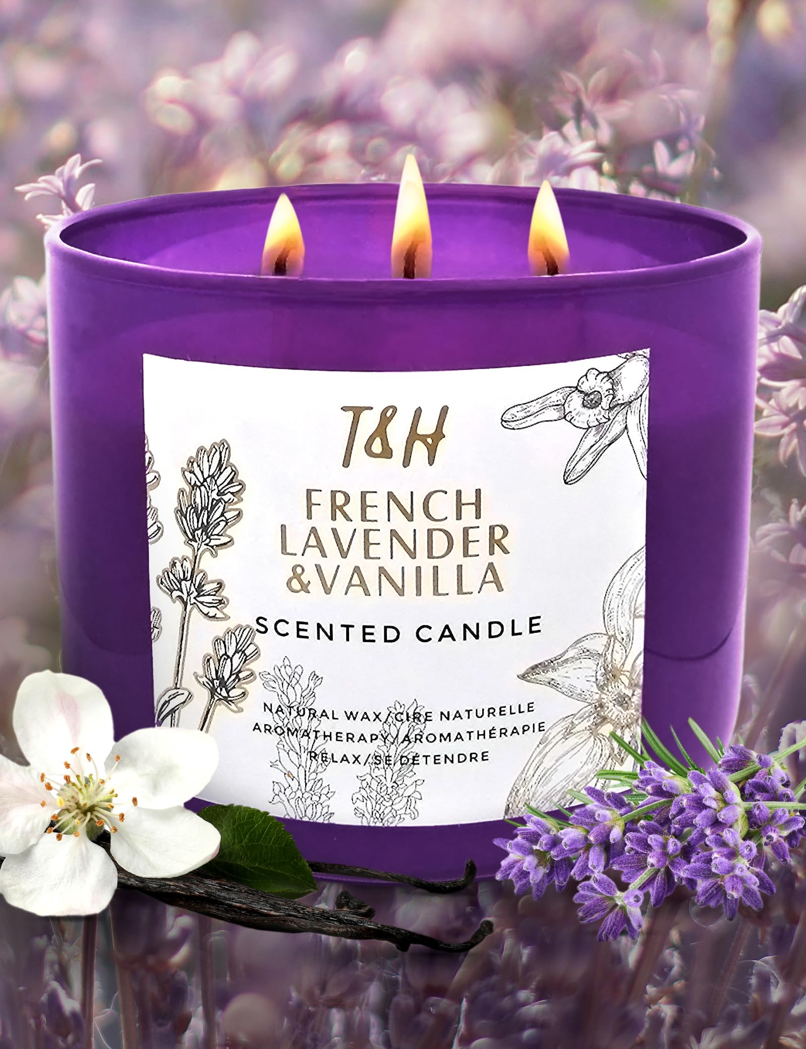 Lavender Vanilla Aromatherapy Candle 3-Wick | Scented Candle for Home | 15.8 oz Large Soy Candle | Relaxing Candle with Long Lasting Fragrance | Decorative Candle Gift for Women