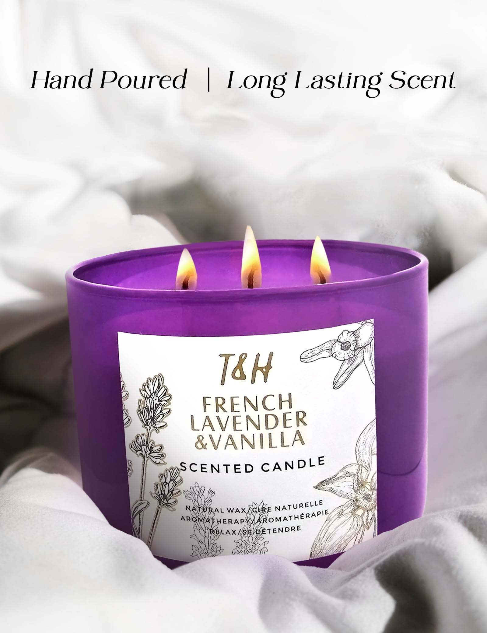 Lavender Vanilla Aromatherapy Candle 3-Wick | Scented Candle for Home | 15.8 oz Large Soy Candle | Relaxing Candle with Long Lasting Fragrance | Decorative Candle Gift for Women