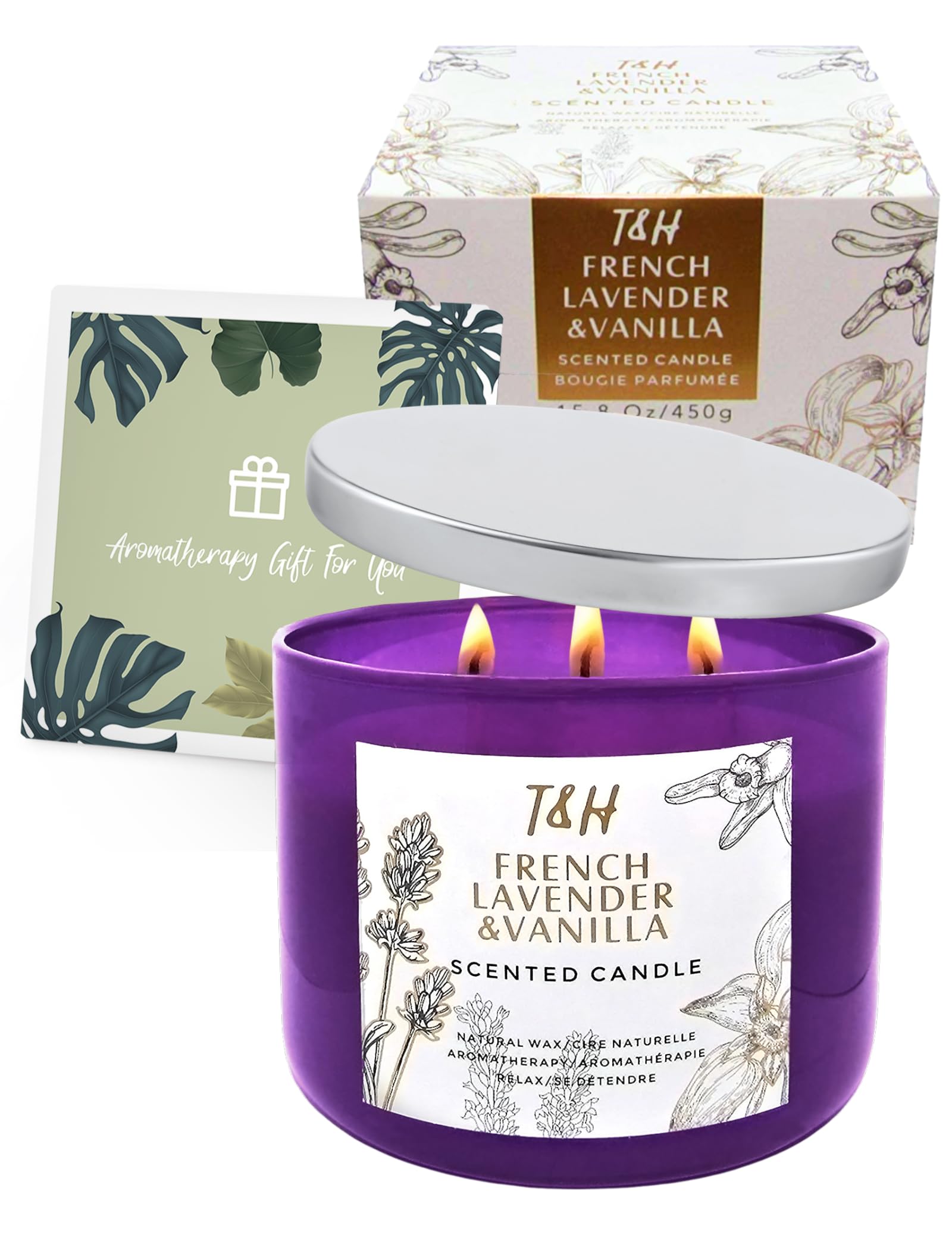 Lavender Vanilla Aromatherapy Candle 3-Wick | Scented Candle for Home | 15.8 oz Large Soy Candle | Relaxing Candle with Long Lasting Fragrance | Decorative Candle Gift for Women