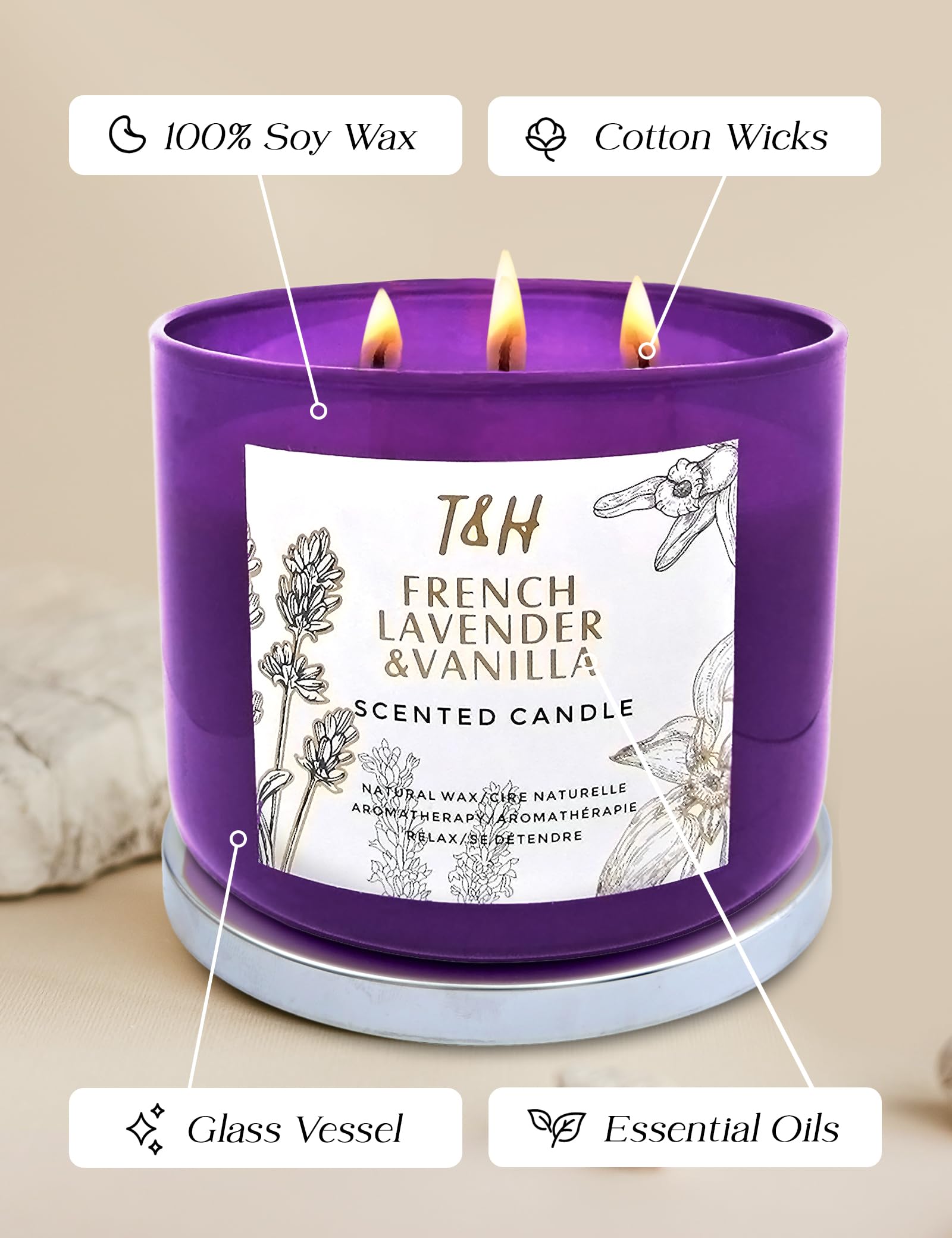 Lavender Vanilla Aromatherapy Candle 3-Wick | Scented Candle for Home | 15.8 oz Large Soy Candle | Relaxing Candle with Long Lasting Fragrance | Decorative Candle Gift for Women