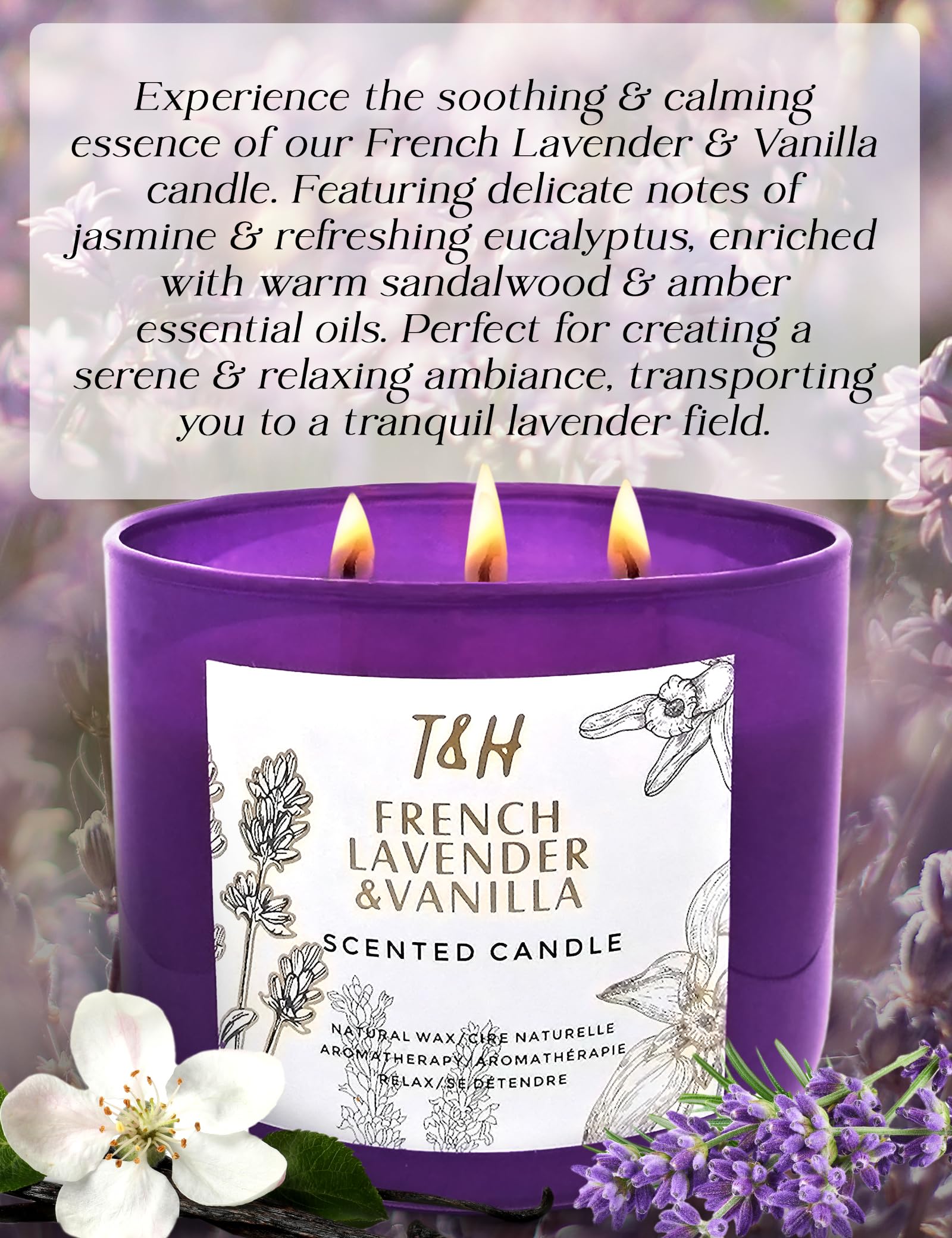 Lavender Vanilla Aromatherapy Candle 3-Wick | Scented Candle for Home | 15.8 oz Large Soy Candle | Relaxing Candle with Long Lasting Fragrance | Decorative Candle Gift for Women