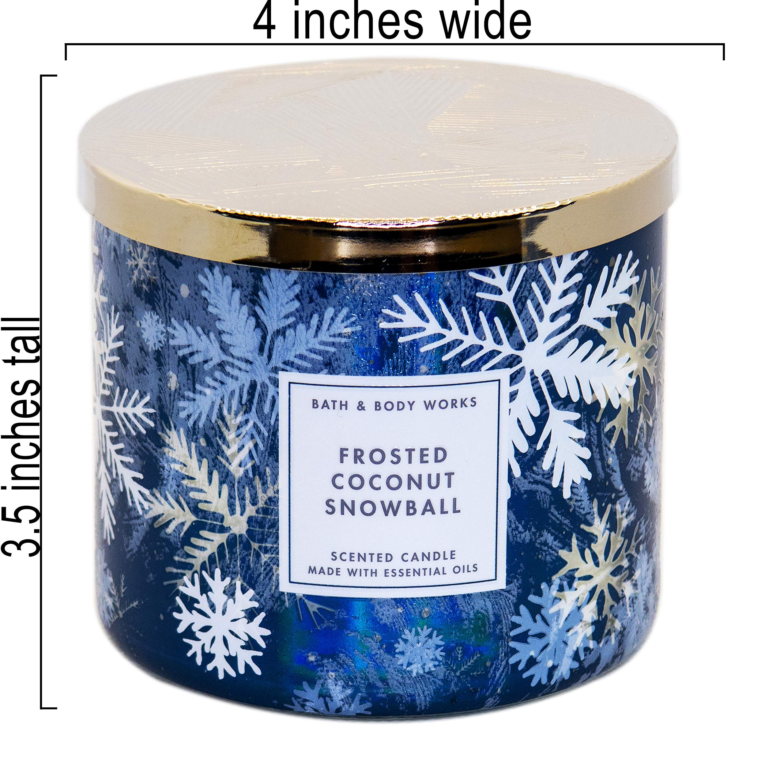 White Barn Bath and Body Works, 3-Wick Candle w-Essential Oils - 14.5 oz - 2020 Holidays Scents (Frosted Coconut Snowball), White Soy Wax, Blue and White Jar Print, Gold Lid, Transparent Glass