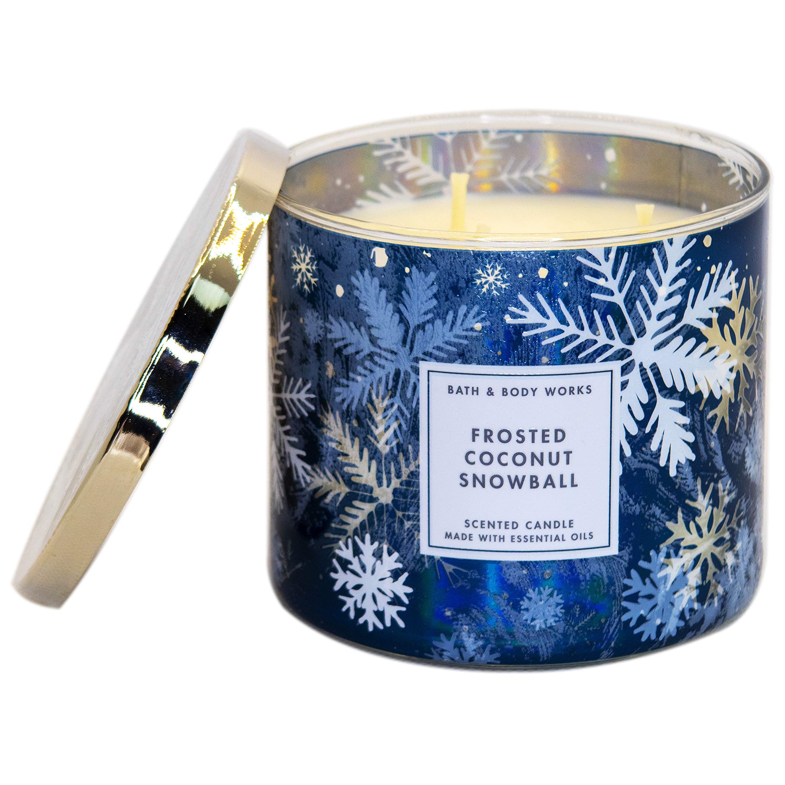 White Barn Bath and Body Works, 3-Wick Candle w-Essential Oils - 14.5 oz - 2020 Holidays Scents (Frosted Coconut Snowball), White Soy Wax, Blue and White Jar Print, Gold Lid, Transparent Glass