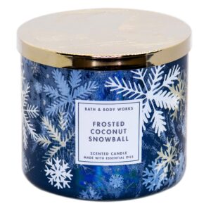 White Barn Bath and Body Works, 3-Wick Candle w-Essential Oils - 14.5 oz - 2020 Holidays Scents (Frosted Coconut Snowball), White Soy Wax, Blue and White Jar Print, Gold Lid, Transparent Glass