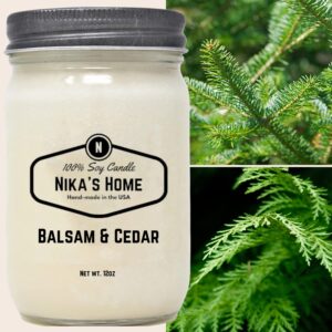 Nika's Home Balsam & Cedar Soy Candle 12oz Mason Jar Non-Toxic White Soy Handmade Long Burning 50-60 Hours Highly Scented All Natural Clean Burning Large Candle Gift Décor