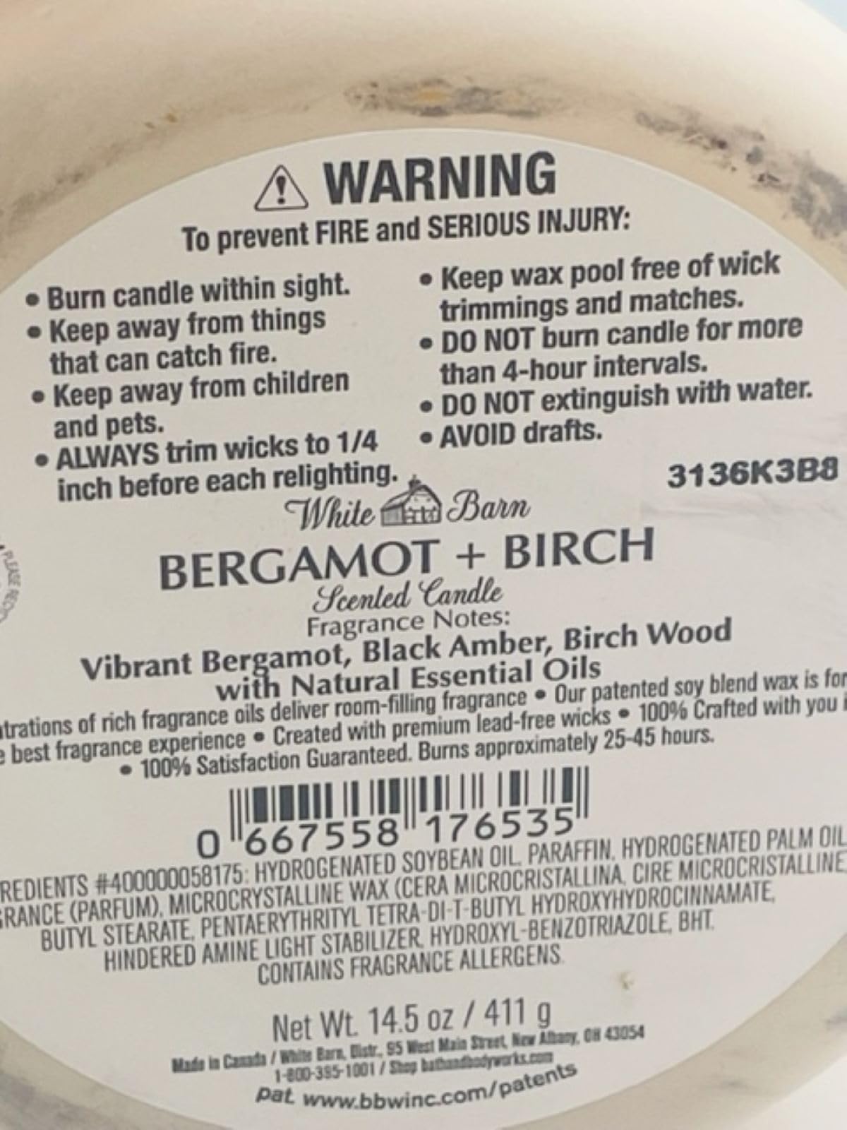 Bergamot + Birch 3 Wick Candle 14.5 Ounce White Barn