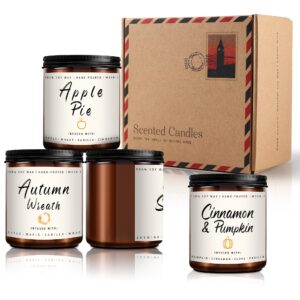 fall candle set | 4pack fall scented candles for home, scented candles for autumn fall - home scented candle set, candle gift for women - scent of wreath/cinnamon pumpkin/apple pie/comfort