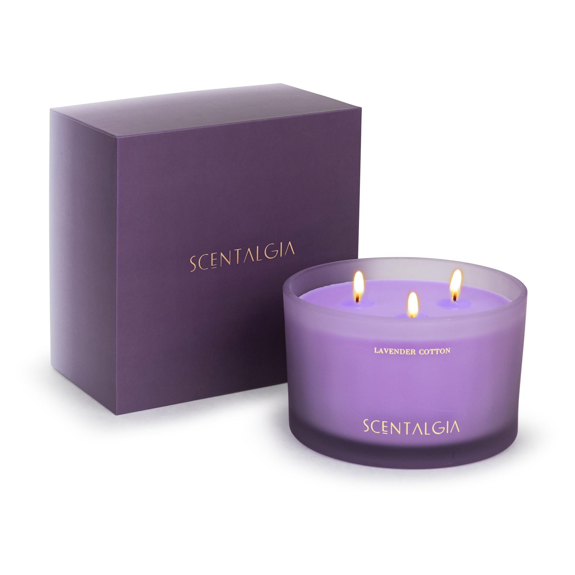 SCENTALGIA Scented Soy Candle Jar with Lavender Cotton Fragrance - 3 Wick Large Candles with Long-Lasting 55 Hours Burn Time - Perfect for Home, Office, Spa, Yoga, Meditation & Gifts