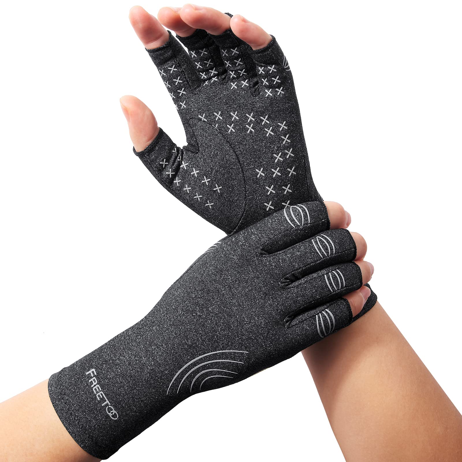 FREETOO Arthritis Gloves for Women for Pain, Strengthen Compression Gloves Grey-Black