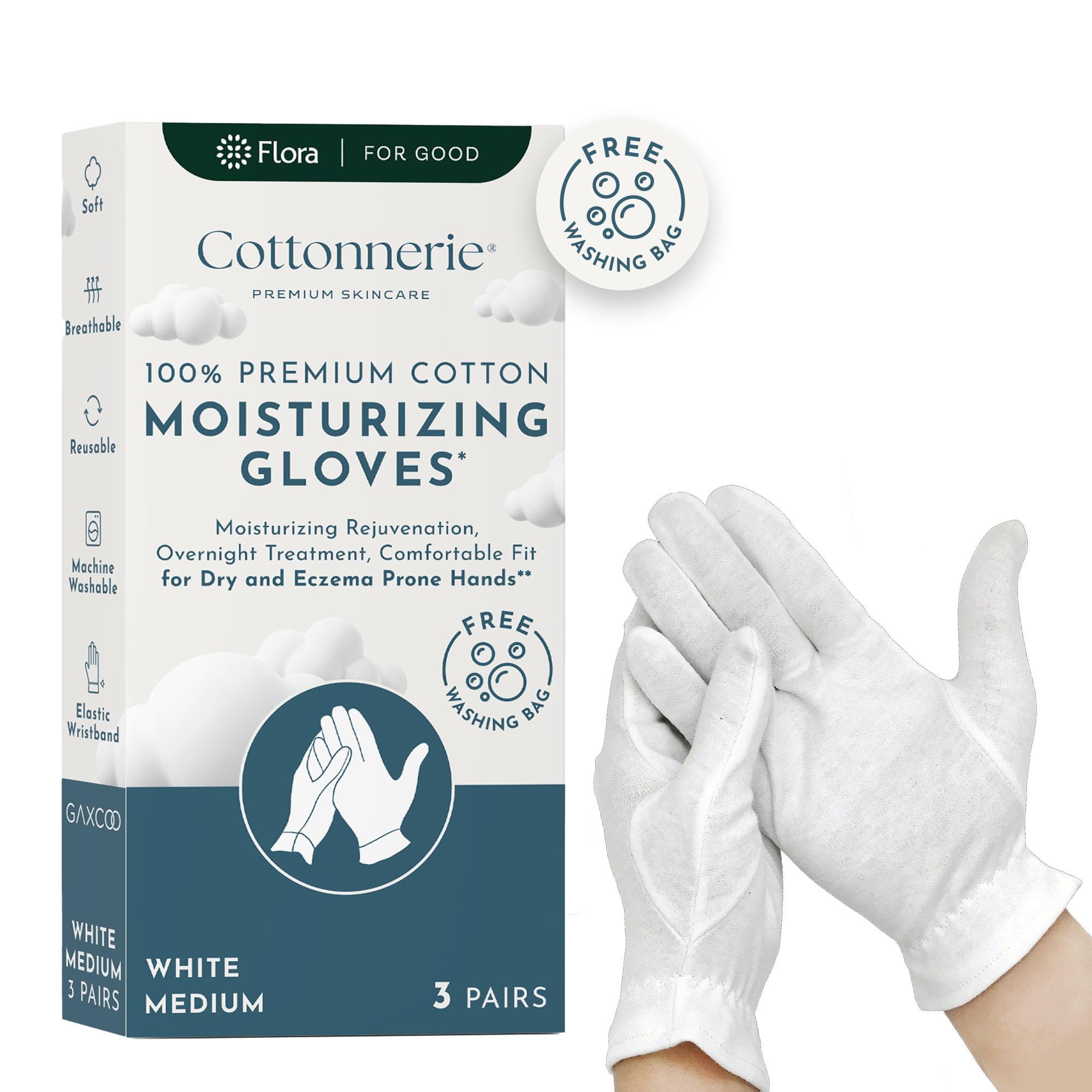 Gaxcoo Cottonnerie Medium 3 Pairs 100% Premium Cotton Moisturizing Gloves for Dry Hands & Eczema | Overnight Lotion & Spa Treatment for Women & Men | Reusable, Free Washing Bag - Packaging May Vary