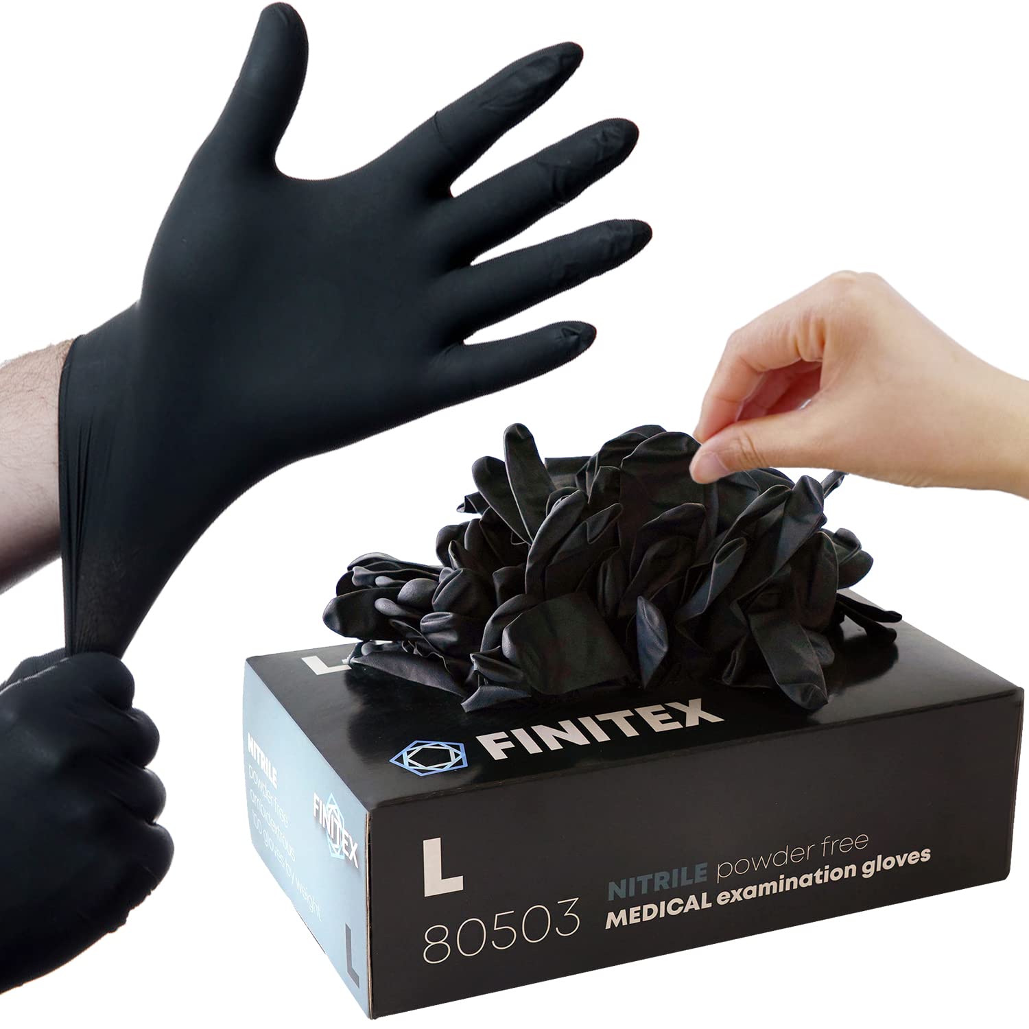 FINITEX - Black Nitrile Disposable Gloves, 5mil, Powder-free, Medical Exam Gloves Latex-Free 100 PCS For Cleaning Food (Large)